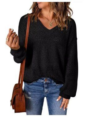 Women's V-Neck Knit Pullover Sweater Long Sleeve Hollow Out Lightweight